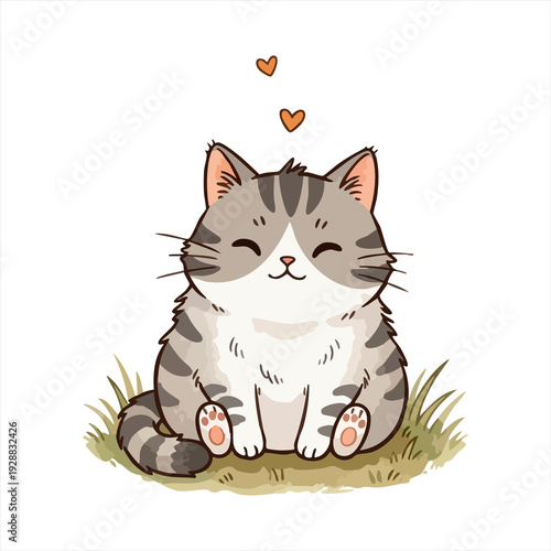 Adorable Striped Kitten with Hearts Floating Above its Head, Sitting in Green Grass