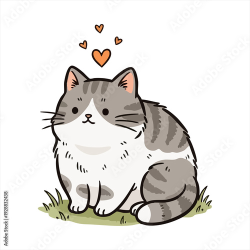 Chubby grey and white tabby cat with heart icons above its head sitting on grass, cute cartoon illustration of a happy feline