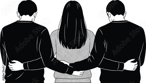 Rear View Illustration of Three Friends Standing Together with Arms Around Each Other Symbolizing Friendship, Support, Unity, Loyalty and Strong Emotional Bond