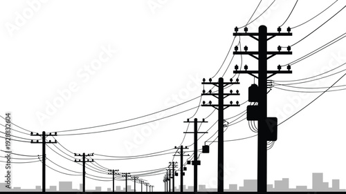 Silhouette of electric utility poles and high voltage power lines along a city street skyline on a plain white background