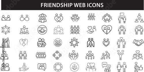 Friendship Web Icons Line Style Set, Interaction Friend Relationship Buddy Love Collection, Editable Stroke Vector Illustration