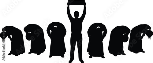 Man Holding Blank Sign Standing Boldly Among Group of People Bowing Down in Unity Protest Leadership and Individual Freedom Concept (