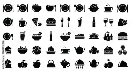 Collection of Black Food and Drink Icons.