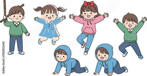 Happy diverse group of preschool children and toddlers playing jumping crawling and holding sticks for early childhood education and development