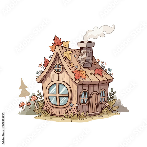 Whimsical wooden cottage nestled amongst autumn foliage with smoke gently rising from its chimney