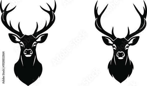 Stylized deer head silhouettes with antlers, minimal wildlife vector illustration for logo design, hunting themes, decorative icons, and nature projects