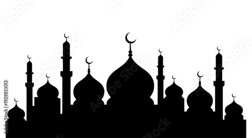 Black mosque silhouette with domes and minarets vector isolated on Transparent Background