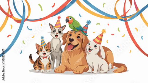 Cheerful pets celebrate together with party hats on surrounded by colorful ribbons and confetti