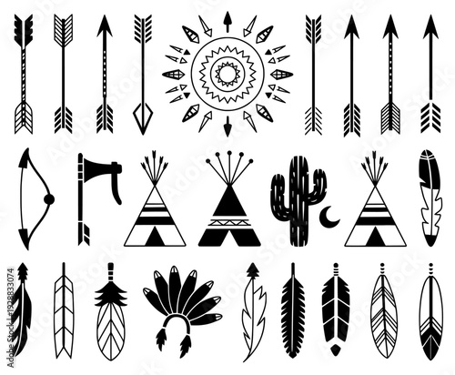 Set of 27 tribal and native american elements vector isolated on Transparent Background