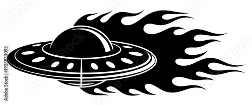 Black and white UFO flying saucer with fire flames vector illustration isolated on Transparent Background
