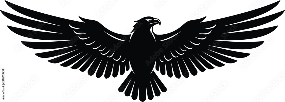 Obraz premium Stylized eagle silhouette vector illustration, symmetrical wings spread design symbolizing freedom, power, authority, heraldic emblem, logo, and nature branding art