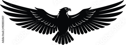 Stylized eagle silhouette vector illustration, symmetrical wings spread design symbolizing freedom, power, authority, heraldic emblem, logo, and nature branding art