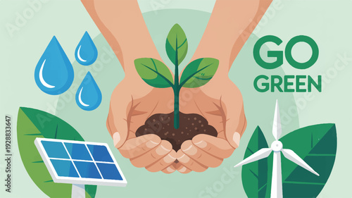 Eco friendly hands holding green plant with solar panel wind turbine and water droplets on light green background go green