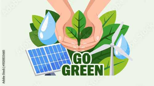 Hands holding green plant with solar panel and water droplets on leaves eco friendly concept go green
