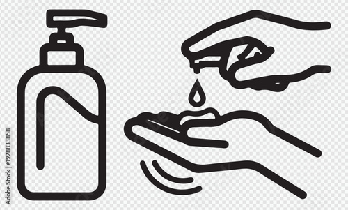 Hand sanitizer bottle and hands applying gel vector icon set, hygiene and health care symbols, personal sanitation outline