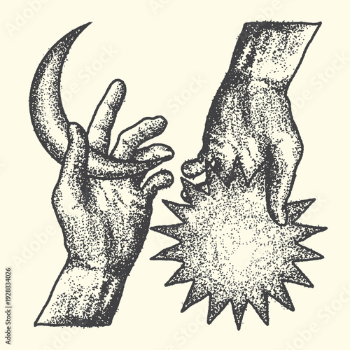 Fotografie Mystical hands holding the moon and a star in a stippled, vintage illustration style