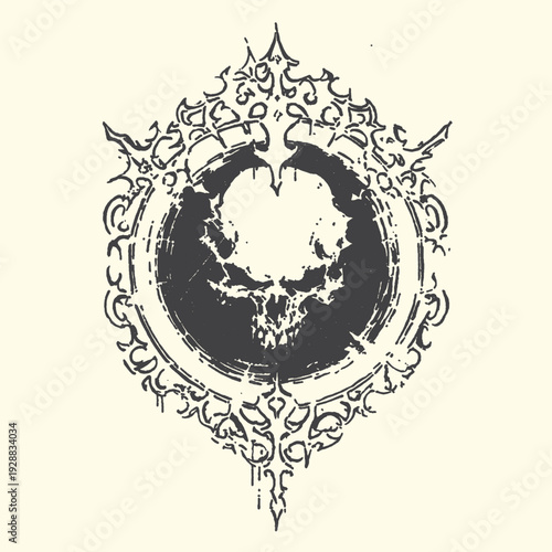 Ornate, gothic frame encircles a stylized skull emblem, creating a dark, mysterious, and antique graphic.