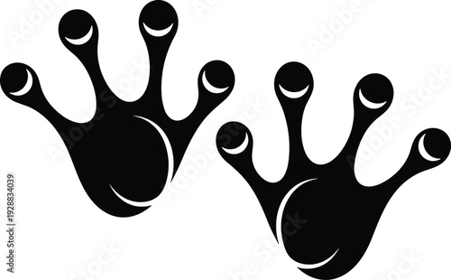 Stylized frog footprint silhouettes, amphibian handprint vector illustration with rounded fingers, glossy artistic design elements