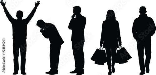 People silhouettes showing different emotions and activities including celebration, stress, thinking, shopping and walking isolated on light background for lifestyle, behavior and modern life concepts