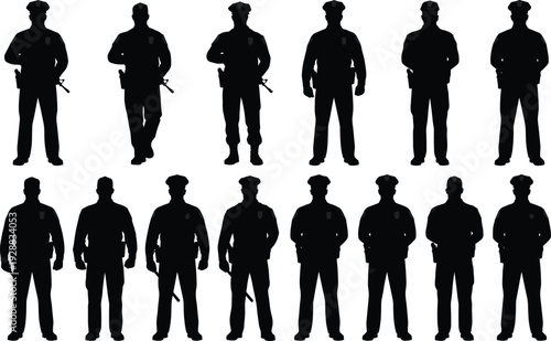 Police officer silhouettes collection showing law enforcement personnel standing and on duty isolated on light background for public safety, security service and authority concepts