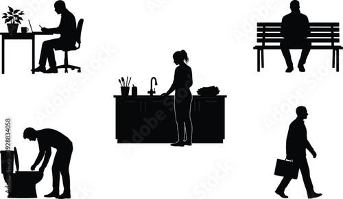 People daily life silhouettes showing working at desk, washing dishes, cleaning toilet, sitting on bench and walking with briefcase isolated on light background