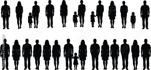 Set of family silhouettes with parents and children standing together, representing family unity, parenting, childhood, relationships and diverse household structures in a modern society concept