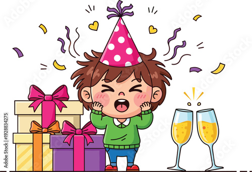 Happy boy celebrating with a party hat, confetti, gift boxes, and champagne glasses, cheerful birthday or New Year celebration, flat vector illustration.