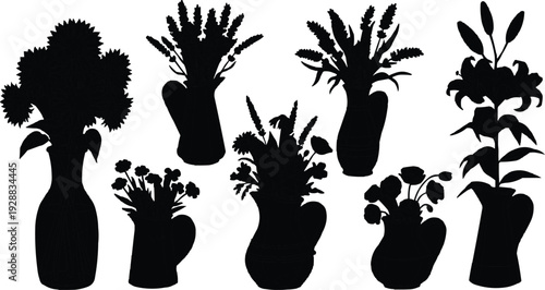 There is a collection of vase silhouettes, each filled with a unique arrangement of flowers. The use of black silhouettes on a white background creates an interesting contrast, clearly highlighting 