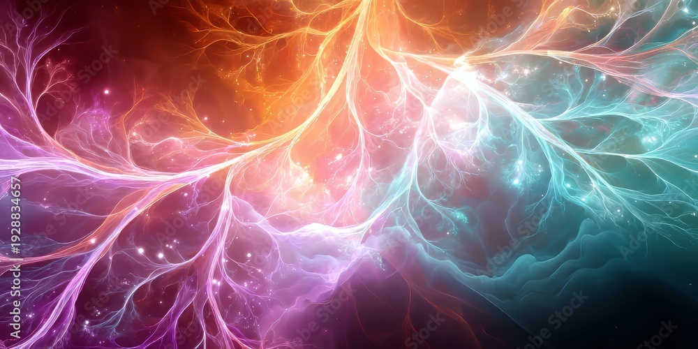 Fototapeta premium Bright colors and patterns create a vibrant abstract design showing energy and movement in a digital artwork