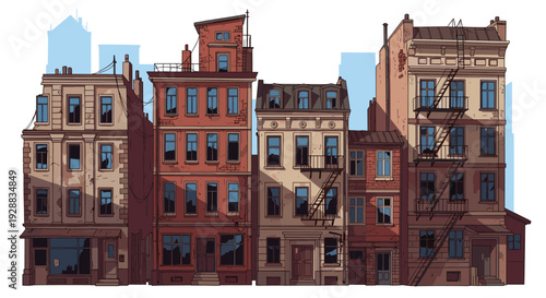 Row of old urban apartment buildings with classic architecture and detailed windows stands against a blue city silhouette background.