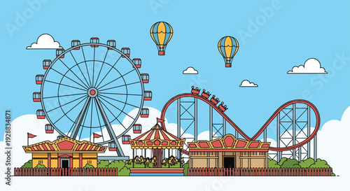 Bright amusement park landscape features a large Ferris wheel, winding roller coaster, carousel, and hot air balloons in a clear sky.