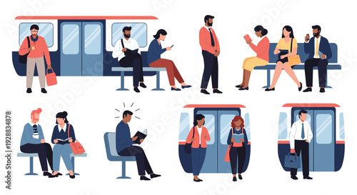 Diverse group of commuters experiences a daily subway ride with people sitting, standing, reading, and using phones in the train car.