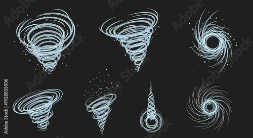 Collection of stylized blue tornado and whirlwind effects illustrates different wind intensities and spiral patterns against a dark background.