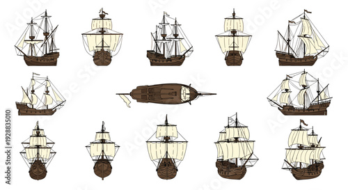 Comprehensive collection of detailed vintage sailing ships and galleons is presented from various side and overhead perspectives.