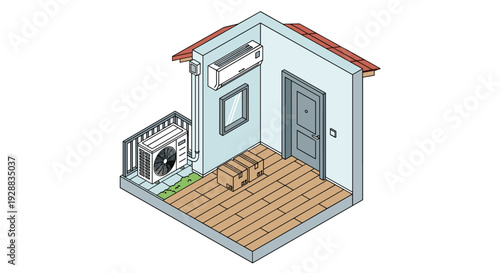 Isometric architectural view shows a small apartment balcony equipped with an external air conditioning unit and delivery boxes.