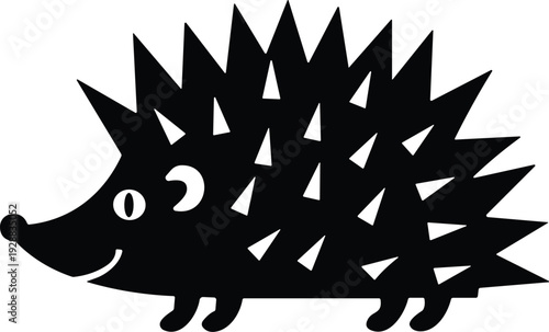 Black stylized hedgehog silhouette vector illustration featuring triangular spikes, pointed snout, round eye, minimalist design, decorative artwork, graphic animal motif