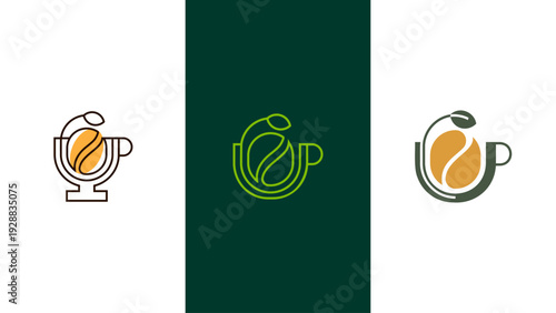 Modern Coffee Cup Logo with Coffee Bean and Leaf Icon for Cafe Branding and Packaging Design