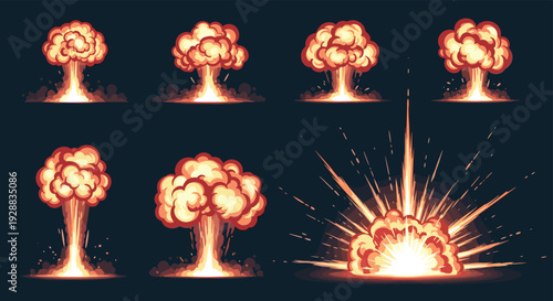Dynamic sequence of fiery explosion effects culminates in a massive mushroom cloud and scattering debris against a dark background.