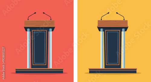 Two identical formal lecterns with microphones and elegant columns are presented against contrasting red and orange backgrounds.