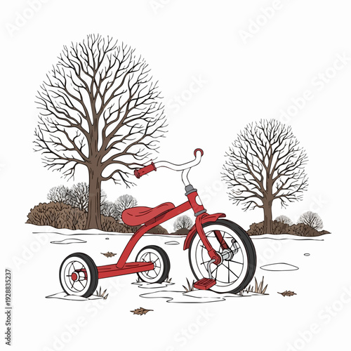 Red Tricycle in Snowy Winter Landscape.