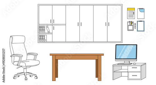 Professional office furniture layout includes a large desk, an ergonomic chair, a wall storage cabinet, and computer equipment.