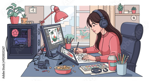 Young female digital artist works at a cluttered desk with a drawing tablet, dual monitors, and professional computer equipment.