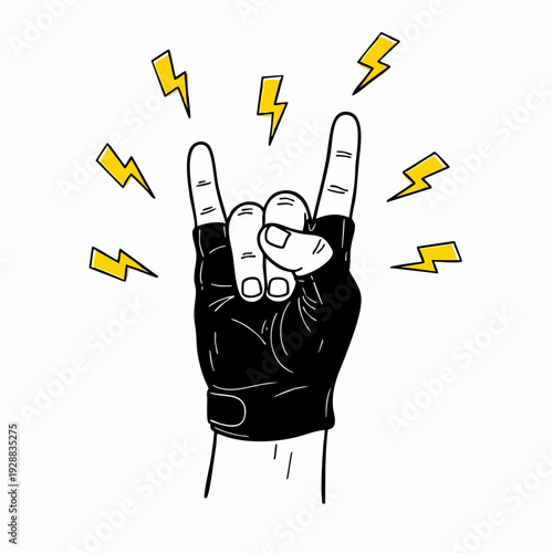Rock on hand gesture illustration with lightning bolts.