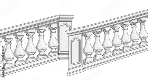 Elegant classical white stone balustrade features ornate spindles and pillars for architectural and interior design projects.
