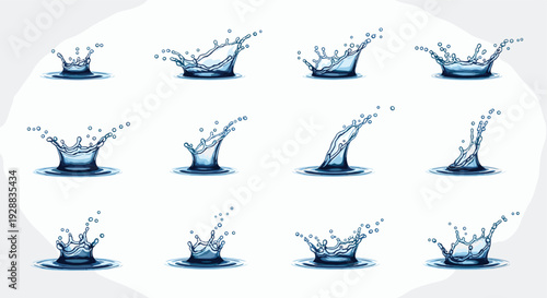 Set of various blue water splashes and liquid droplets isolated on a light gray background for use in professional design projects.