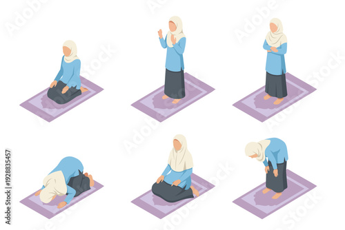 Isometric Muslim Woman in Hijab Praying Salat