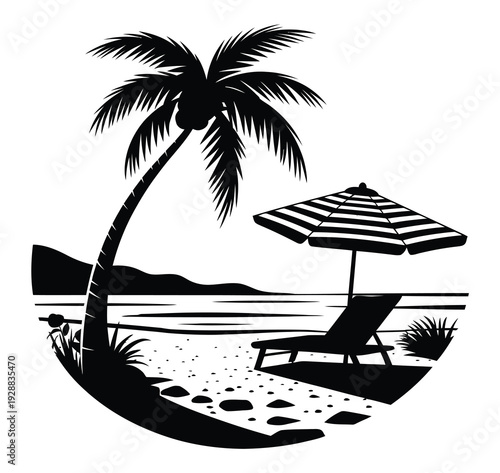 Beach chair silhouette with palm tree and footprints vector illustration, relaxing summer vacation scene for tropical travel, seaside holiday design, tourism graphics, and beach lifestyle concepts