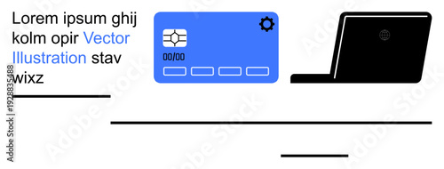 Online security, digital transactions, e-commerce, virtual banking, fintech solutions, secure payments. A blue credit card and laptop. Online security and secure payments concept