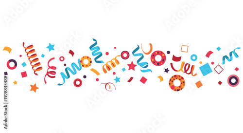 Vibrant assortment of colorful confetti and curled streamers in various shapes and patterns for celebration events and parties.