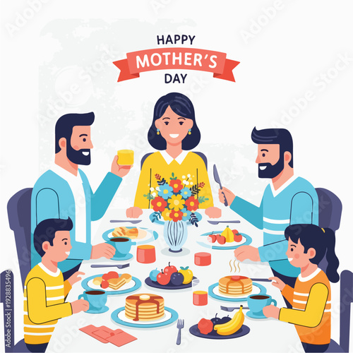 A family gathers for Mother's Day, enjoying breakfast and flowers